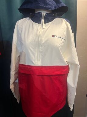 Champion White Navy Red Colorblock Hooded Bomber Windbreaker